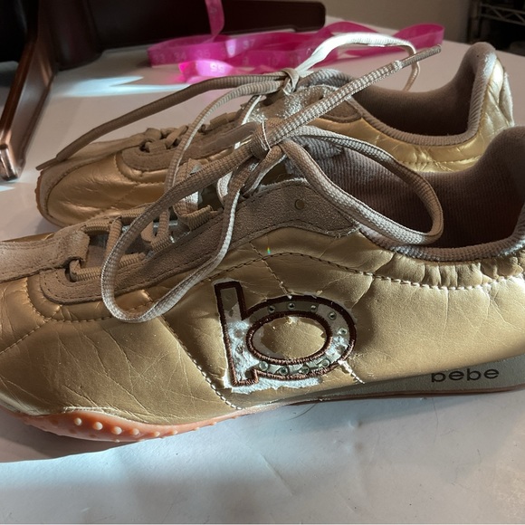 Bebe Sport Womens 9.5 Sneakers Gold Leather W/ suede Details & Rhinestones on B - Picture 7 of 16